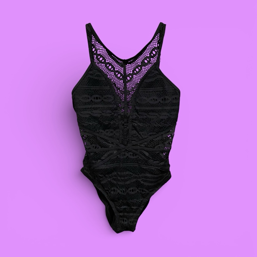 Sexy black lace overlay Becca tie back fairy whimsigoth swim suit beach pool
